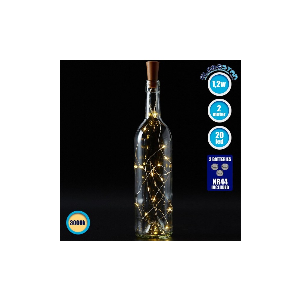 79790 Διακοσμητική Γιρλάντα 20 LED με Ασημένιο Συρμάτινο Καλώδιο 2 Μέτρων Μπαταρίας για Μπουκάλια Θερμό Λευκό 3000K